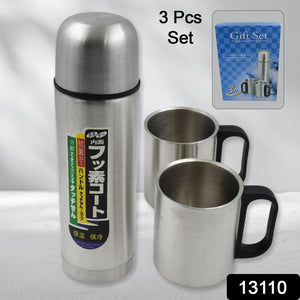 Double Wall Stainless Steel Thermos Flask 500ml Vacuum Insulated Gift Set with Two Cups Hot & Cold, Stainless Steel, Diwali Gifts for Employees, Corporate Gift Item (3 Pcs Set)